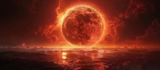 Obraz premium Fiery Celestial Landscape with a Giant Red Moon