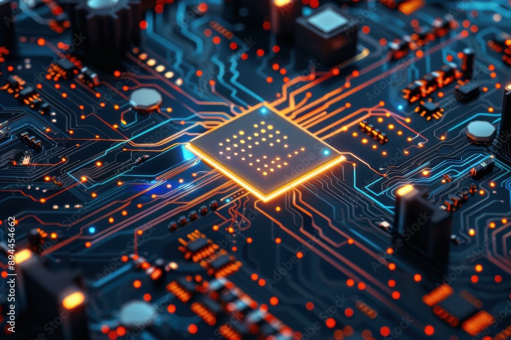 Poster a close up of a computer chip with a bright orange glow. the chip is surrounded by a black backgroun
