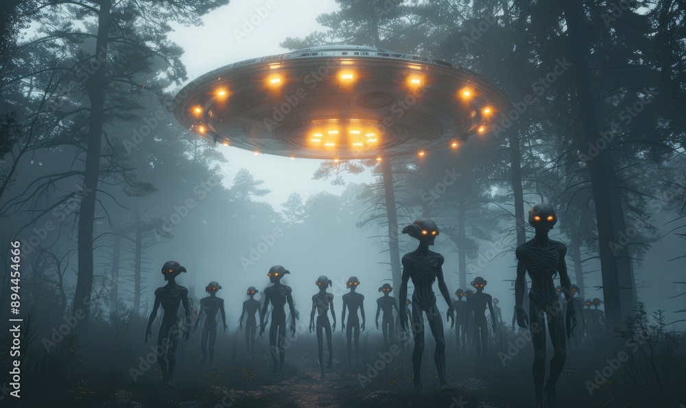 Poster a group of aliens are walking through a forest, with a large ufo hovering above them. scene is eerie