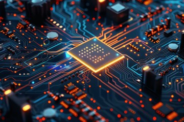 A close up of a computer chip with a bright orange glow. The chip is surrounded by a black background