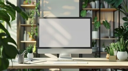 A computer monitor sits on a desk in front of a plant. The desk is cluttered with various items, including a keyboard, a mouse, and a few potted plants. The room has a natural, green atmosphere