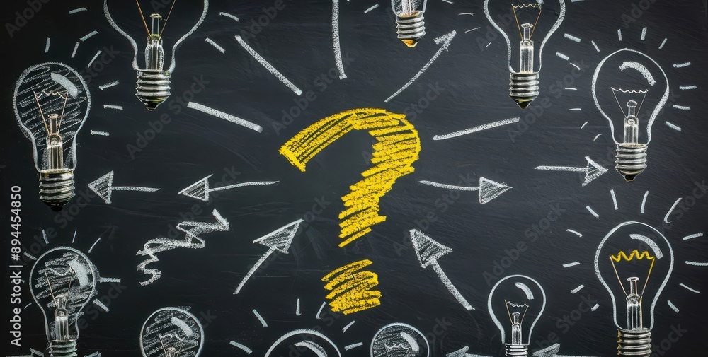 Poster a chalkboard with a yellow question mark in the middle surrounded by light bulbs. the light bulbs ar
