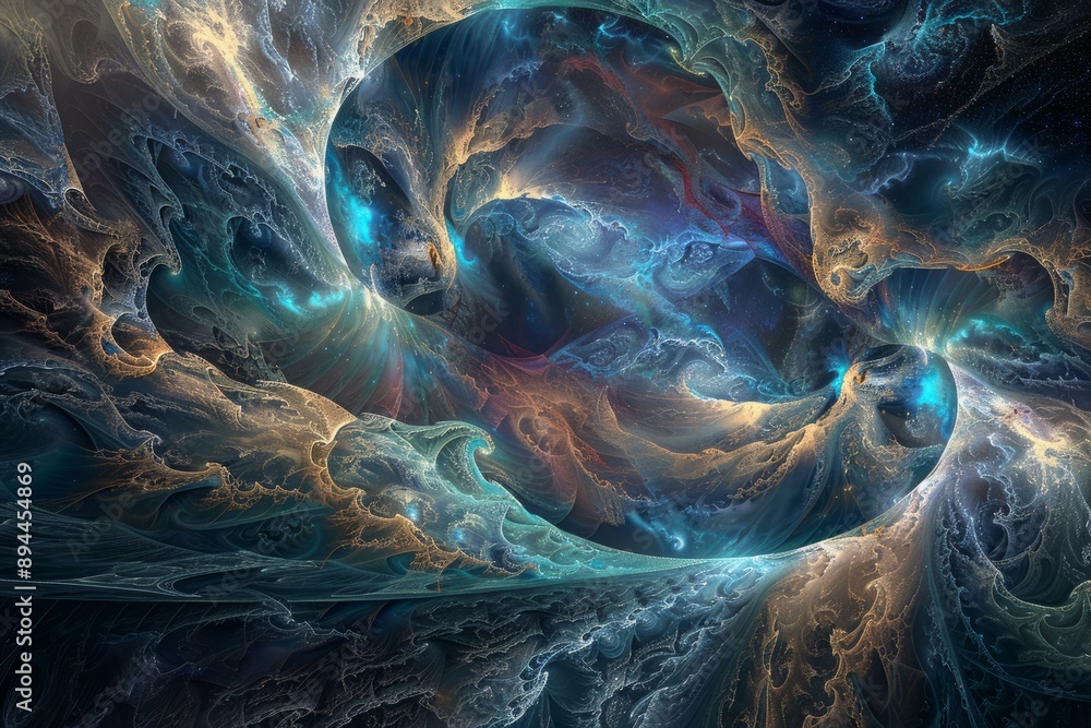 Poster embarking on a surreal cosmic fractal voyage through the intricate and vibrant patterns of a digital