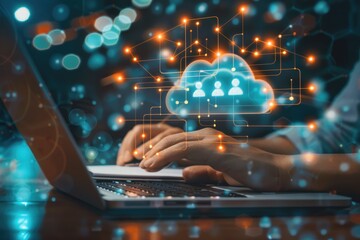 A person is typing on a laptop with a cloud and people on the screen. Concept of technology and the importance of data storage. Scene is futuristic and innovative