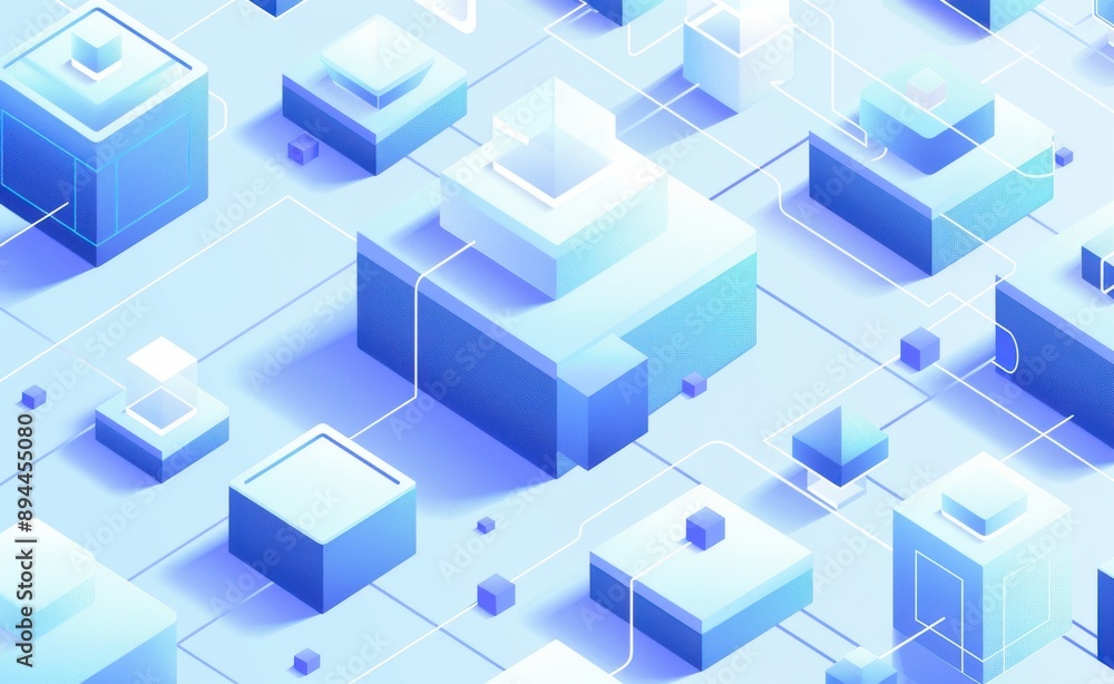 Poster a blue and white image of a cityscape with many cubes and lines. the image has a futuristic and tech