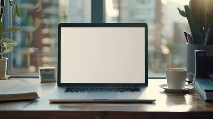 A laptop is open on a desk with a cup of coffee next to it. The laptop screen is blank, and the coffee cup is half full. The scene suggests a quiet and focused atmosphere