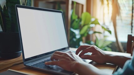 A person is typing on a laptop with a green plant in the background. The laptop screen is blank, and the person's hands are on the keyboard. Concept of productivity and focus