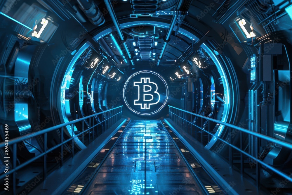Poster a blue tunnel with a large b on it. the tunnel is lit up and he is futuristic