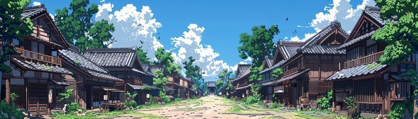 Old Japanese marketplace with wooden stalls and cobblestone paths portrayed in dynamic anime style with bold lines and striking visuals