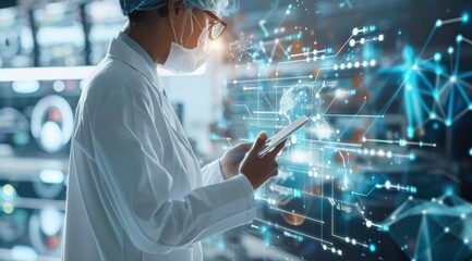 A man in a white lab coat is looking at a tablet with a blue screen. Concept of technology and innovation, as the man is likely working in a field related to science or medicine
