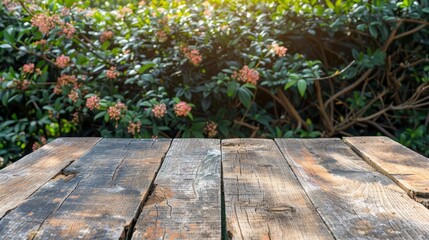 Vibrant spring foliage and blossoming branches with wooden table outdoors in garden sunlight