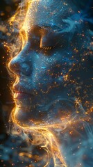 A face illuminated by ethereal blue and gold lights, eyes closed in serenity.