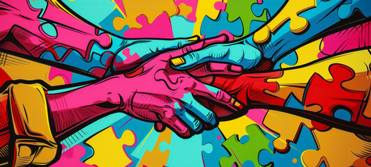 Obraz premium Colorful abstract illustration of hands holding together with puzzle pieces