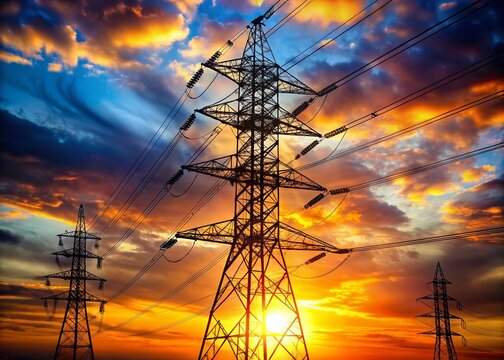 High voltage electric transmission tower. High voltage power lines on electric pylon against a sunset sky. Electrical infrastructure. Energy crisis. Electric power distribution. Energy distribution