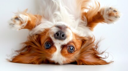 Naklejka premium Playful Cavalier King Charles Spaniel Puppy Rolling on Back