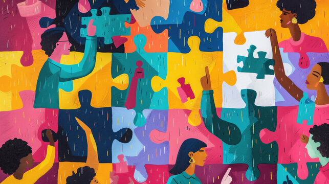Diverse group of people collaboratively assembling a colorful puzzle representing teamwork and unity. Community building, diversity, collaboration, teamwork, unity, problem-solving, inclusion.