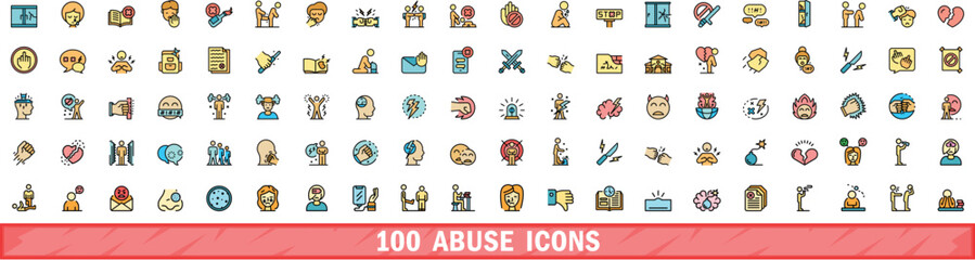 Fototapeta premium 100 abuse icons set. Color line set of abuse vector icons thin line color flat on white