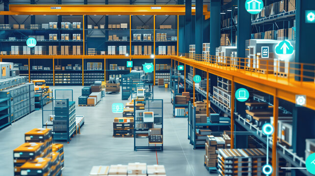 Modern warehouse with automated logistics and smart technology icons indicating inventory levels. Supply chain management, e-commerce fulfillment, warehouse automation, smart logistics, industrial IoT
