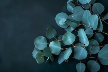 Serene composition featuring fresh eucalyptus branches elegantly arranged on a dark backdrop