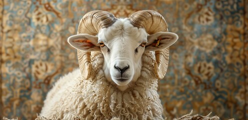 Close-up of a sacrificial white ram with curled horns against an intricate patterned fabric background. Agricultural marketing, rural lifestyle, animal husbandry, natural fabric design.