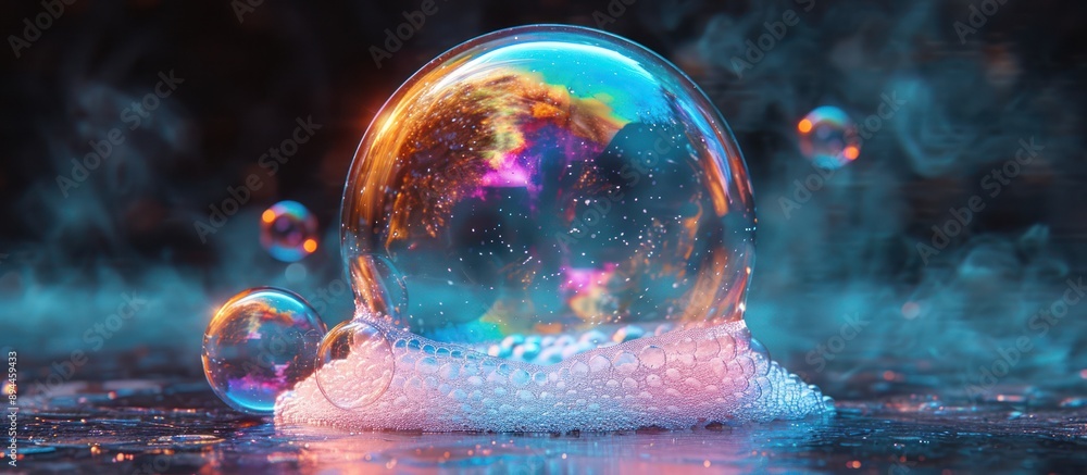 Poster a large soap bubble with a colorful reflection rests on a bed of foam