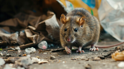 Close-up of a dirty rat scavenging for food in the background of a pile of garbage. Generative AI illustration 