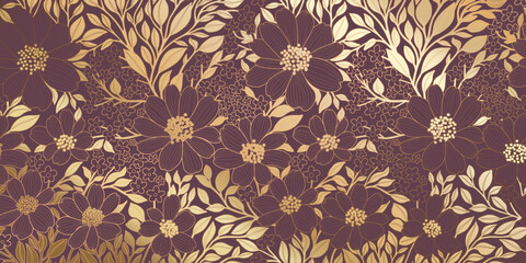 Golden Metallic Foiled Contour Flowers and Leaves on Eggplant Color Background. Luxurious Art Deco Wallpaper Design for Print, Poster, Cover, Banner, Invitation, Package, Beauty Products.