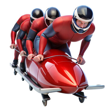 Four-man bobsled team racing down an icy track