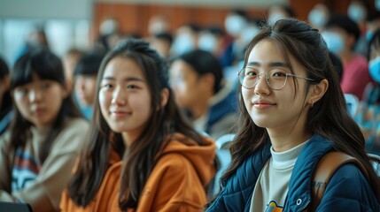 Fototapeta premium A group of young women are sitting in a classroom