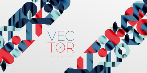 Naklejka premium Colorful simple dynamic geometric forms circles lines and round shapes. Mosaic techno art concept. Vector Illustration For Wallpaper, Banner, Background, Card, Book Illustration, landing page