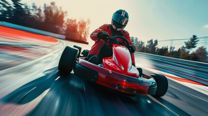Obraz premium Racer in a red go-kart speeding around a race track during sunset. Motorsports, racing, go-karting, adrenaline, competition, track event promotion, automotive sport, speed, outdoor activity.