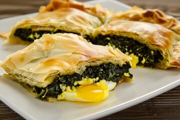 Greek spanakopita with egg and spinach filling, served on a white plate