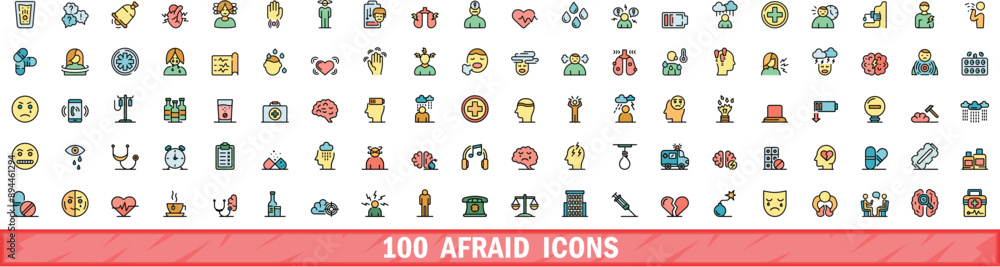 Poster 100 afraid icons set. color line set of afraid vector icons thin line color flat on white