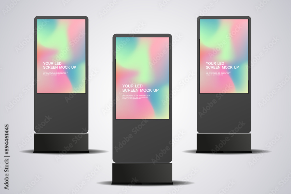 Poster three led screen mockup in 3ds of realistic screen light box for out door signage vector design. col