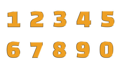 Golden 3D numbers 1-9 and 0 with gold outlines on a white background.