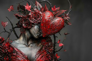 Artistic portrait of model with heartthemed floral headdress and vibrant red palette