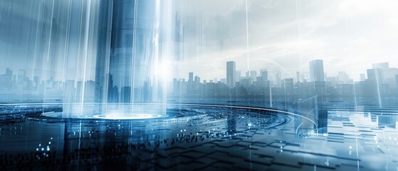 Futuristic cityscape with technological advancements showcasing a central beam of light and modern architecture under a cloudy sky.