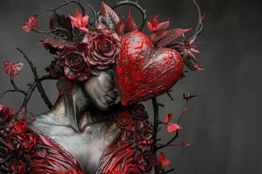 Artistic portrait of model with heartthemed floral headdress and vibrant red palette