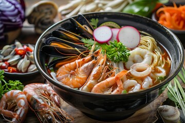 Seafood noodle soup with shrimp, mussels, and scallops