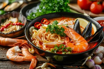 Spicy seafood noodle soup with shrimp and mussels