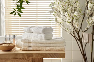 Bathroom interior with white towels, toiletries