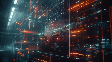 Obraz premium Futuristic digital interface with glowing lines and data points, visualizing advanced technology and cyber network analysis.