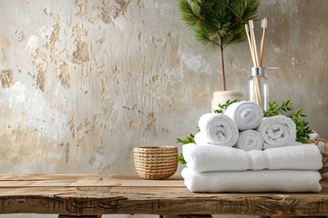 Bathroom interior with white towels, toiletries