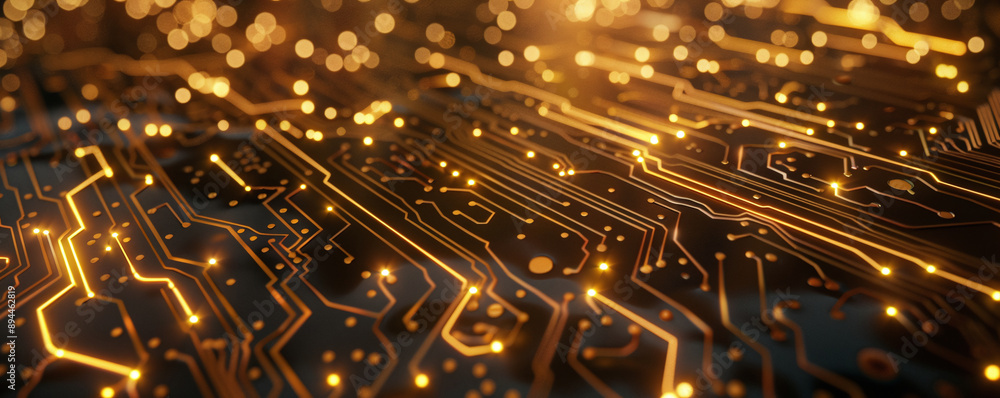 Poster the circuit board is beautiful and sparkles with a golden glow. ai generate.