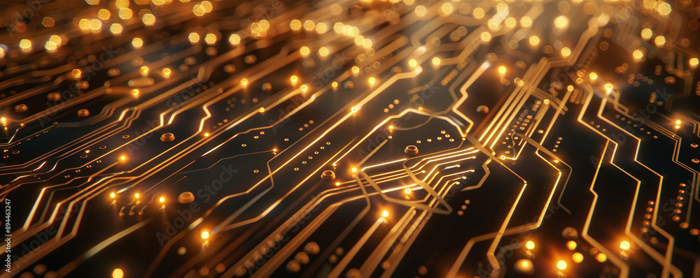 Poster the circuit board is beautiful and sparkles with a golden glow. ai generate.