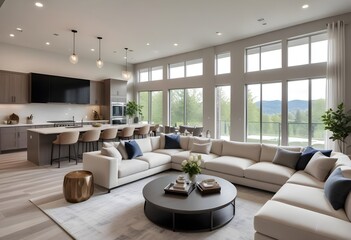 Beautiful living room interior in a new luxury home with an open concept floor plan