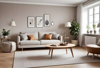 Fototapeta premium A comfortable, plush sofa in a neutral tone, mid-century furniture pieces such as a wooden coffee table with sleek lines and tapered legs, and a cozy, textured carpet in a light, warm color.