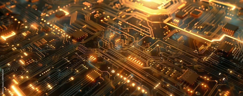 Aufkleber the circuit board is beautiful and sparkles with a golden glow. ai generate.