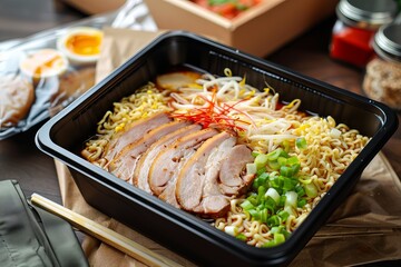Close up of a plastic container filled with noodles, sliced chicken, bean sprouts, and green onions