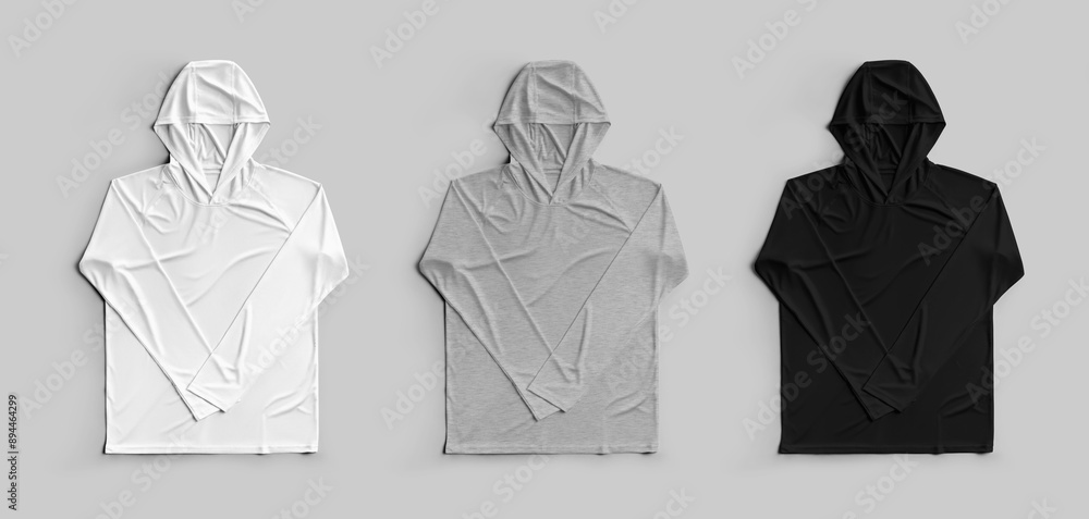 Sticker Mockup of white, black, heather longsleeve, isolated on background, summer sun protection sweatshirt with hood, front view.